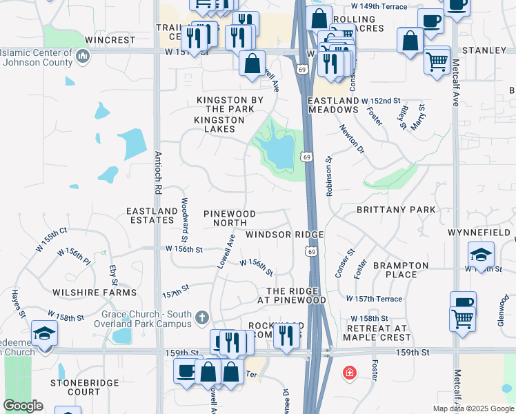 map of restaurants, bars, coffee shops, grocery stores, and more near 7874 West 155th Terrace in Overland Park