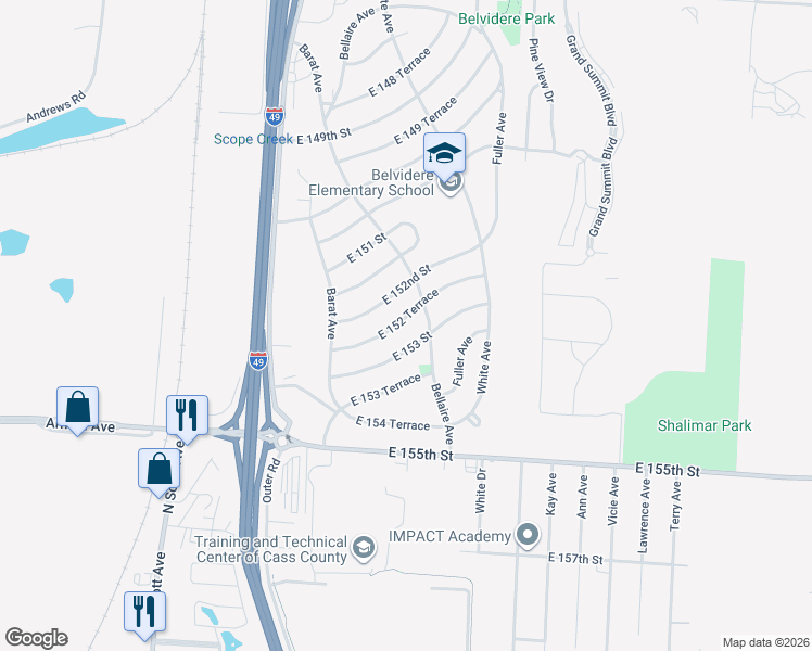 map of restaurants, bars, coffee shops, grocery stores, and more near 6108b East 152 Terrace in Grandview