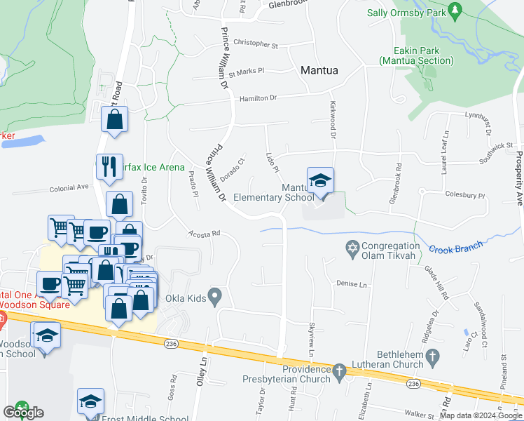 map of restaurants, bars, coffee shops, grocery stores, and more near 3727 Prince William Drive in Fairfax