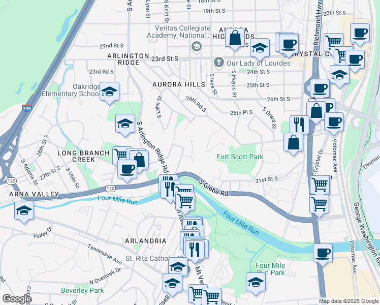 map of restaurants, bars, coffee shops, grocery stores, and more near 2714 South Inge Street in Arlington