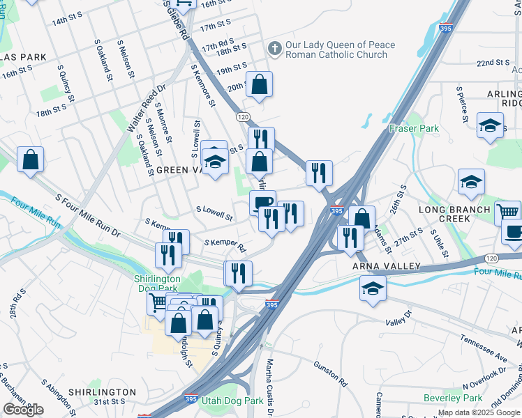 map of restaurants, bars, coffee shops, grocery stores, and more near 3400 25th Street South in Arlington