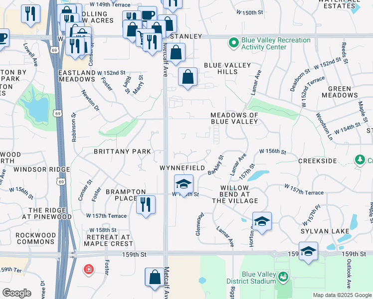map of restaurants, bars, coffee shops, grocery stores, and more near 6910 West 156th Street in Overland Park