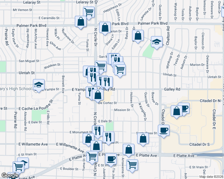 map of restaurants, bars, coffee shops, grocery stores, and more near 3005 Galley Road in Colorado Springs