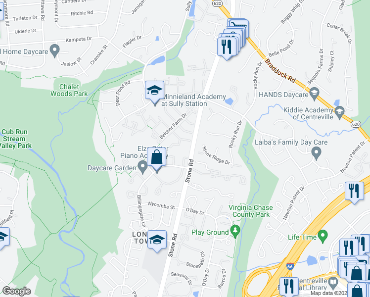 map of restaurants, bars, coffee shops, grocery stores, and more near 14609 Stream Pond Drive in Centreville