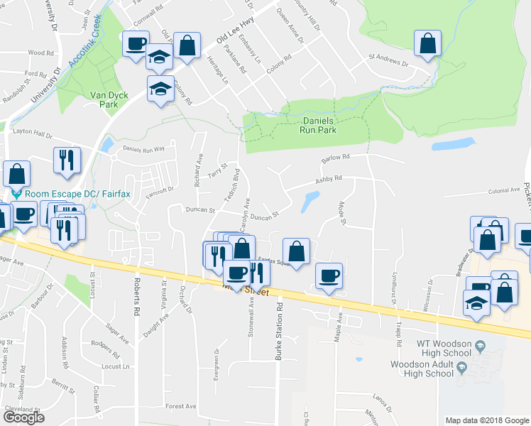 map of restaurants, bars, coffee shops, grocery stores, and more near 9914 Duncan St in Fairfax