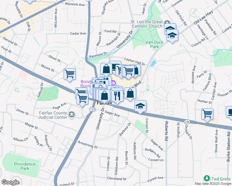 map of restaurants, bars, coffee shops, grocery stores, and more near 10360 North Street in Fairfax