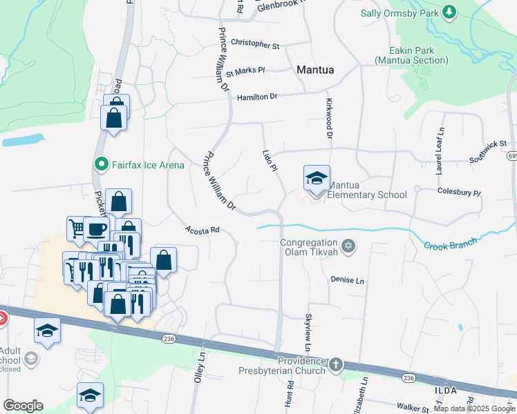 map of restaurants, bars, coffee shops, grocery stores, and more near 3727 Prince William Drive in Fairfax