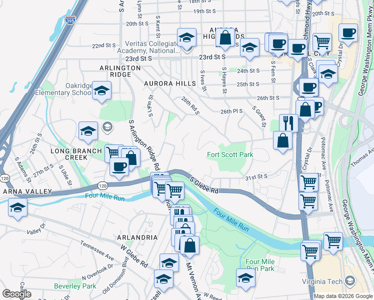 map of restaurants, bars, coffee shops, grocery stores, and more near 2713 South Inge Street in Arlington