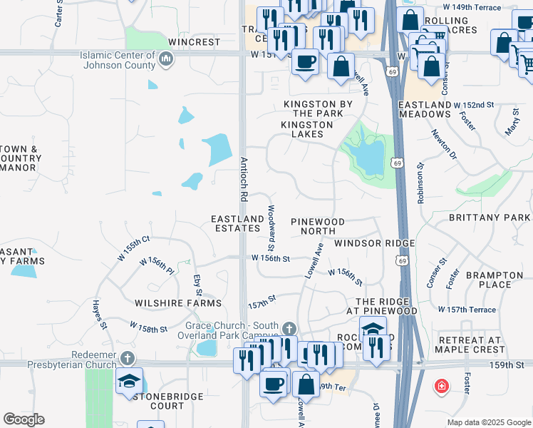 map of restaurants, bars, coffee shops, grocery stores, and more near 8500 West 155th Terrace in Overland Park