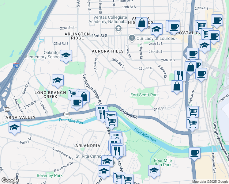 map of restaurants, bars, coffee shops, grocery stores, and more near 2714 South Inge Street in Arlington