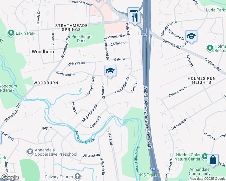 map of restaurants, bars, coffee shops, grocery stores, and more near 3522 King Arthur Road in Annandale