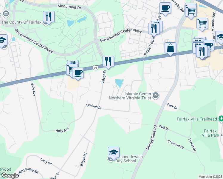 map of restaurants, bars, coffee shops, grocery stores, and more near 11643 Forest Hill Court in Fairfax