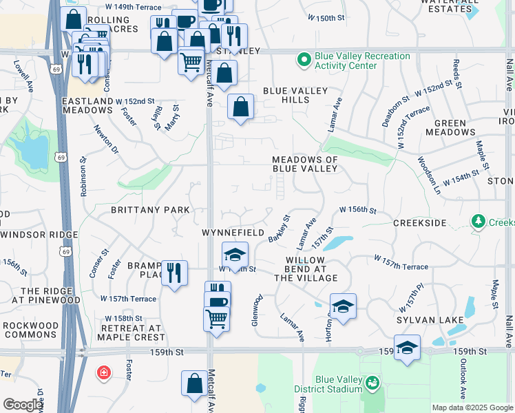 map of restaurants, bars, coffee shops, grocery stores, and more near 6800 West 156th Street in Overland Park