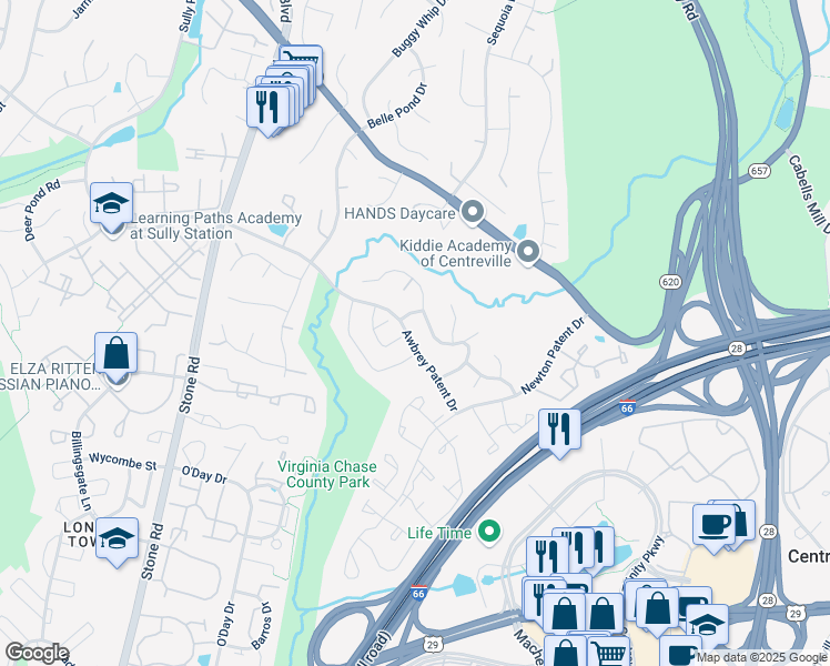 map of restaurants, bars, coffee shops, grocery stores, and more near 14424 Awbrey Patent Drive in Centreville