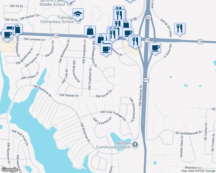 map of restaurants, bars, coffee shops, grocery stores, and more near 216 Southwest Ascot Circle in Lee's Summit