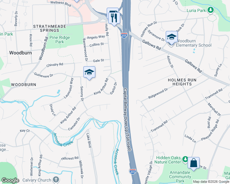 map of restaurants, bars, coffee shops, grocery stores, and more near 8015 Garlot Drive in Annandale