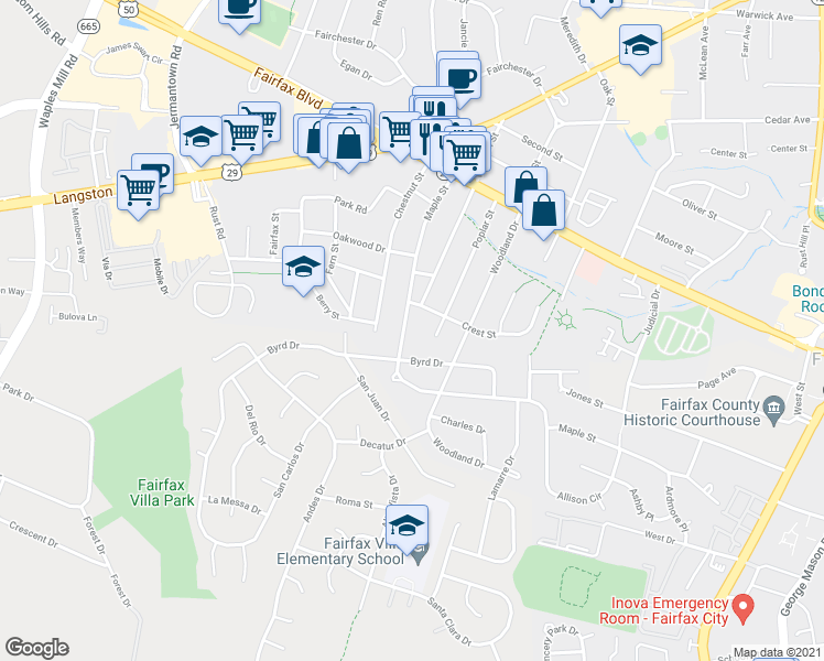 map of restaurants, bars, coffee shops, grocery stores, and more near 4111 Maple St in Fairfax