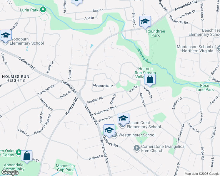 map of restaurants, bars, coffee shops, grocery stores, and more near 7321 Masonville Drive in Annandale
