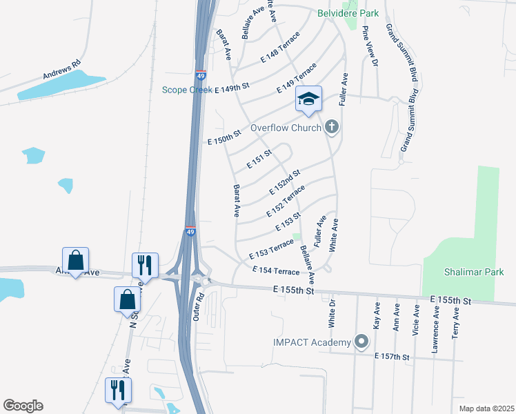 map of restaurants, bars, coffee shops, grocery stores, and more near 6005 East 152nd Street in Grandview