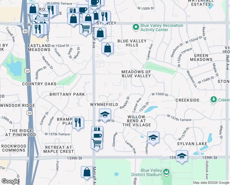 map of restaurants, bars, coffee shops, grocery stores, and more near 6800 West 156th Street in Overland Park