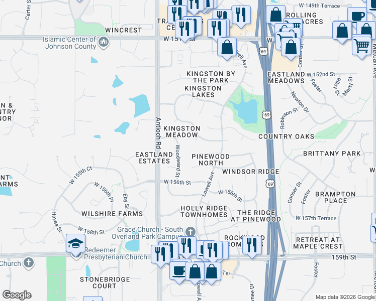 map of restaurants, bars, coffee shops, grocery stores, and more near 15517 Woodward Street in Overland Park