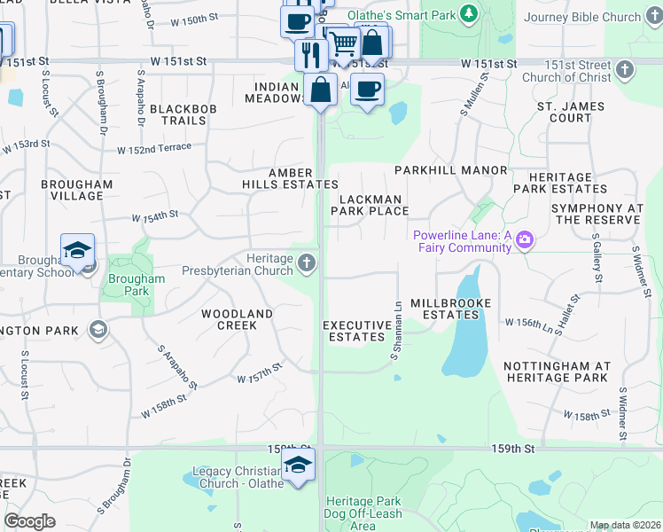 map of restaurants, bars, coffee shops, grocery stores, and more near 15058 West 155th Terrace in Olathe