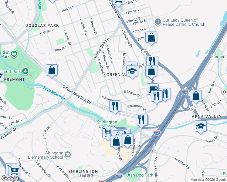 map of restaurants, bars, coffee shops, grocery stores, and more near 2314 South Nelson Street in Arlington