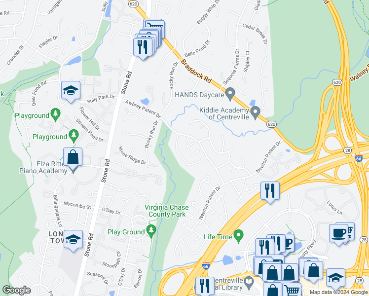 map of restaurants, bars, coffee shops, grocery stores, and more near 14445 Salisbury Plain Court in Centreville