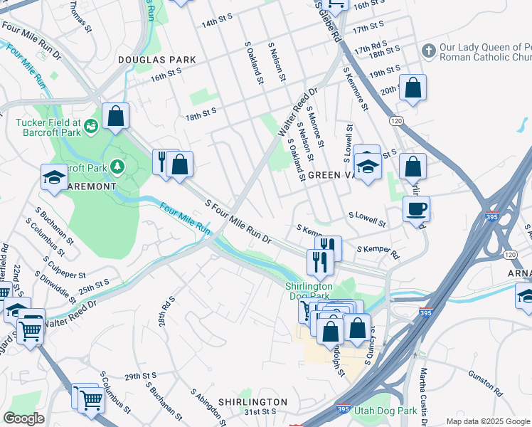 map of restaurants, bars, coffee shops, grocery stores, and more near 2230 South Quincy Street in Arlington