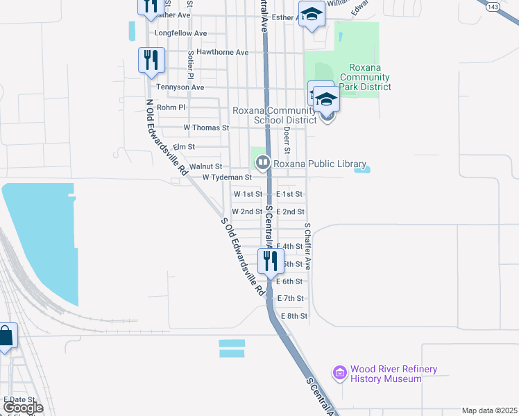 map of restaurants, bars, coffee shops, grocery stores, and more near 112 West 2nd Street in Roxana