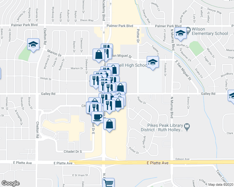 map of restaurants, bars, coffee shops, grocery stores, and more near 3900 Galley Road in Colorado Springs