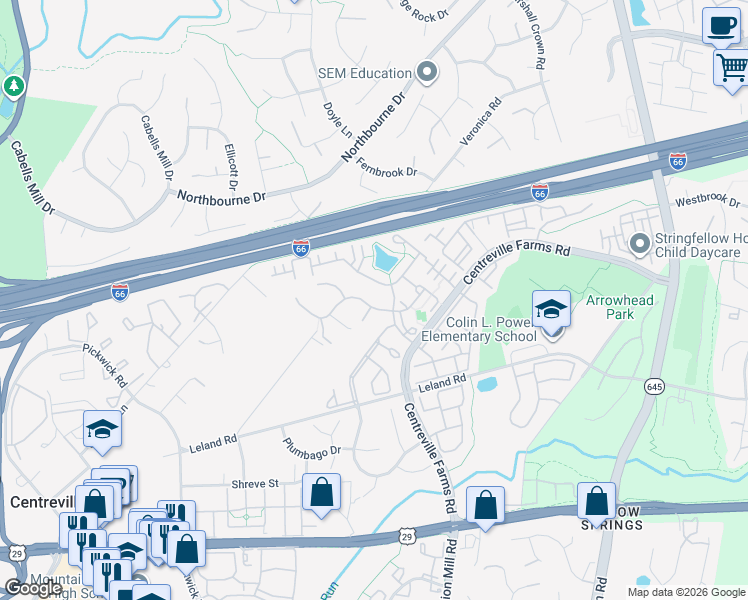 map of restaurants, bars, coffee shops, grocery stores, and more near 13646 Sweet Woodruff Lane in Centreville
