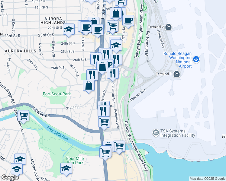map of restaurants, bars, coffee shops, grocery stores, and more near 3400 South Potomac Avenue in Arlington