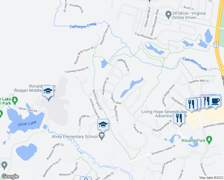 map of restaurants, bars, coffee shops, grocery stores, and more near 5221 Bent Grass Drive in Haymarket