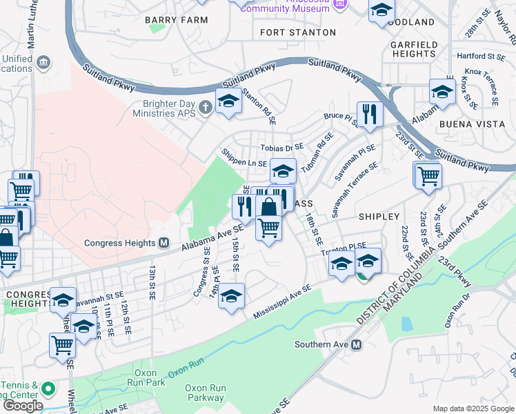 map of restaurants, bars, coffee shops, grocery stores, and more near 1509 Tanner Street Southeast in Washington