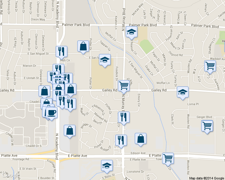 map of restaurants, bars, coffee shops, grocery stores, and more near 4255 Galley Road in Colorado Springs