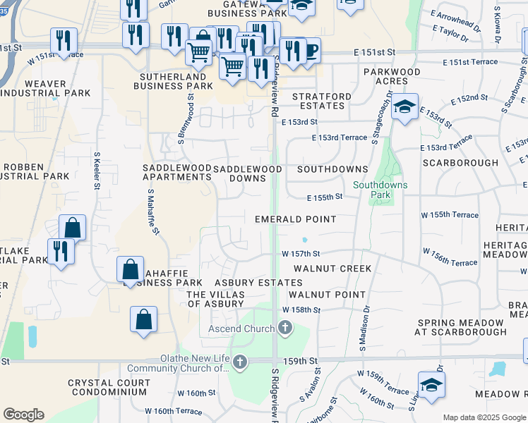 map of restaurants, bars, coffee shops, grocery stores, and more near 15520 South Ridgeview Road in Olathe