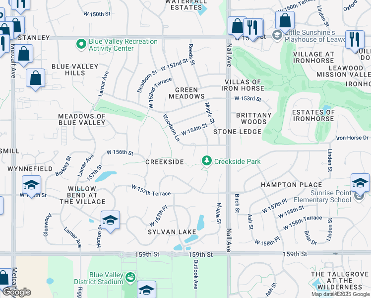 map of restaurants, bars, coffee shops, grocery stores, and more near 5809 West 155th Street in Overland Park