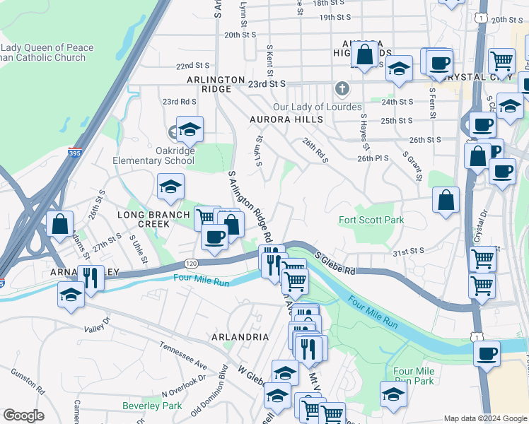 map of restaurants, bars, coffee shops, grocery stores, and more near 2725 South Arlington Ridge Road in Arlington