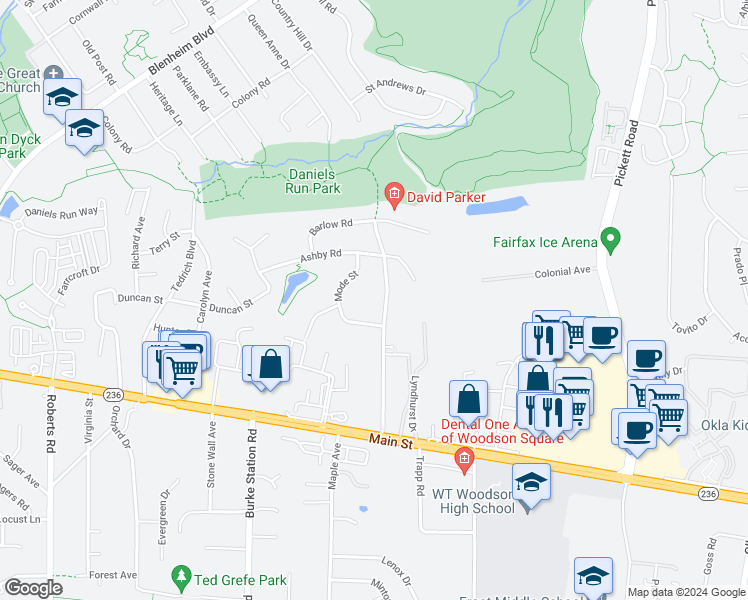 map of restaurants, bars, coffee shops, grocery stores, and more near 3807 Estel Road in Fairfax
