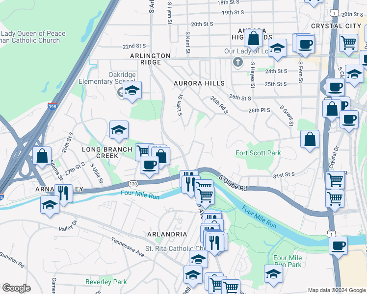 map of restaurants, bars, coffee shops, grocery stores, and more near 2725 South Arlington Ridge Road in Arlington