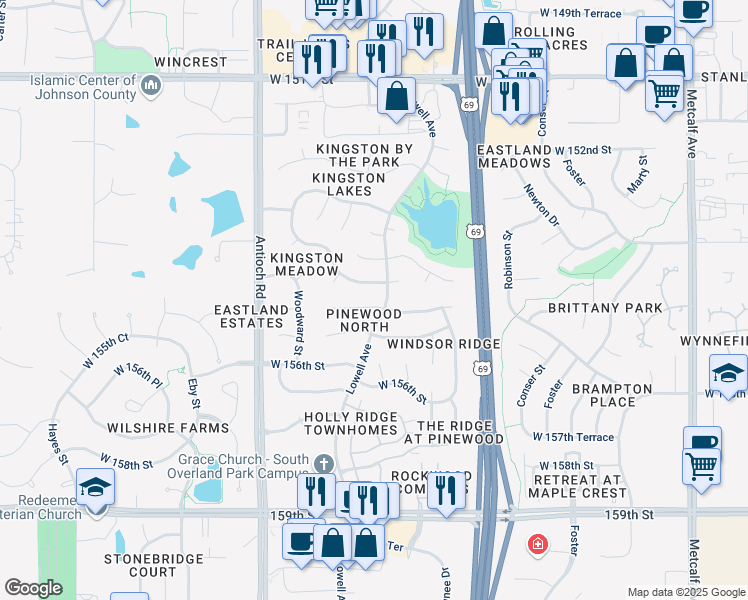 map of restaurants, bars, coffee shops, grocery stores, and more near 7906 West 155th Terrace in Overland Park