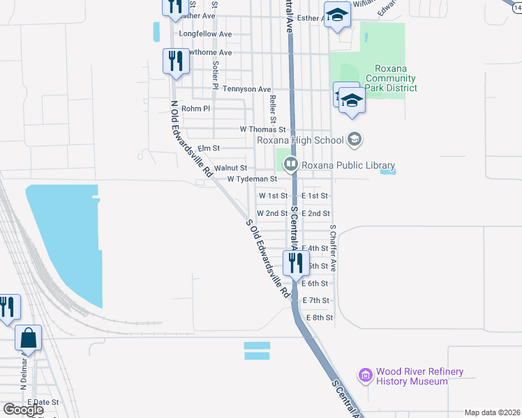map of restaurants, bars, coffee shops, grocery stores, and more near 148 West 2nd Street in Roxana