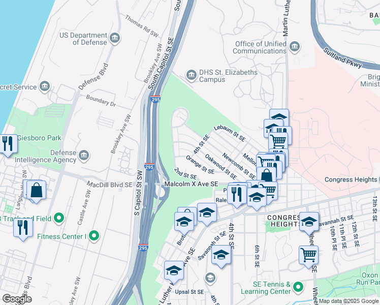 map of restaurants, bars, coffee shops, grocery stores, and more near 3017 4th Street Southeast in Washington