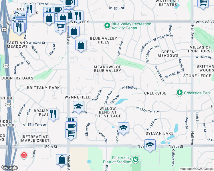 map of restaurants, bars, coffee shops, grocery stores, and more near 6602 West 156th Street in Overland Park