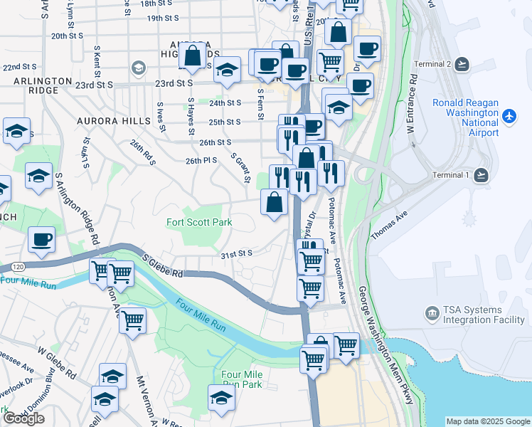 map of restaurants, bars, coffee shops, grocery stores, and more near 2812 South Fern Street in Arlington