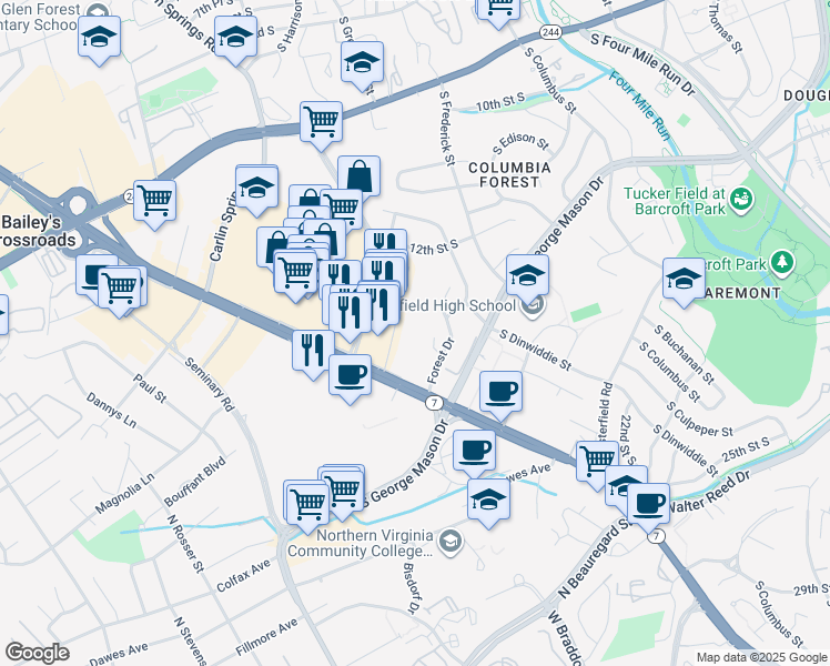 map of restaurants, bars, coffee shops, grocery stores, and more near 3525 Leesburg Court in Alexandria