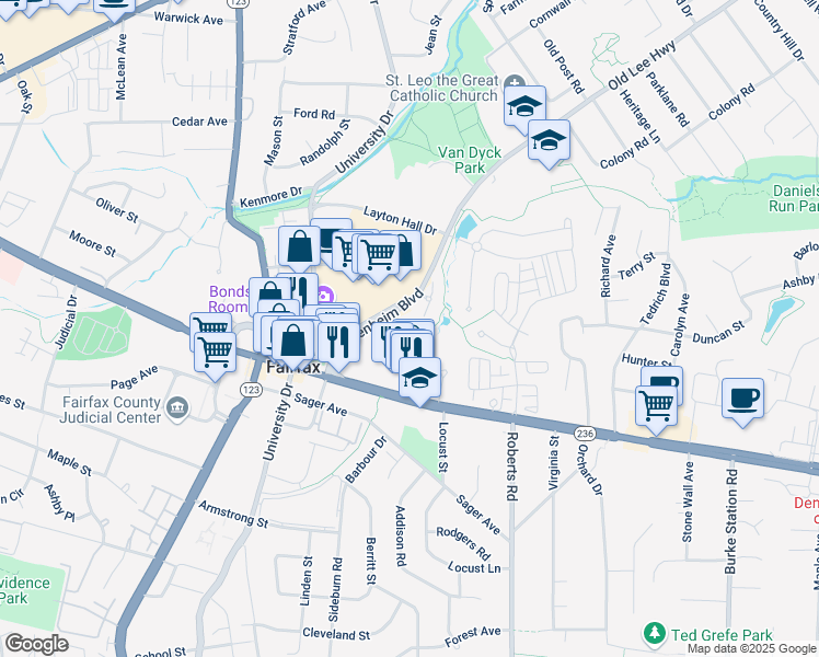 map of restaurants, bars, coffee shops, grocery stores, and more near 3919 Old Lee Highway in Fairfax