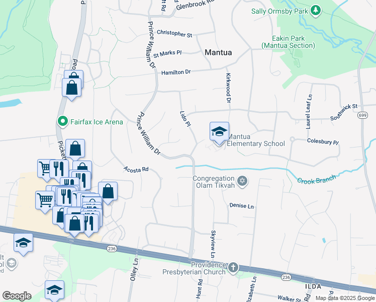 map of restaurants, bars, coffee shops, grocery stores, and more near 9126 Horner Court in Fairfax