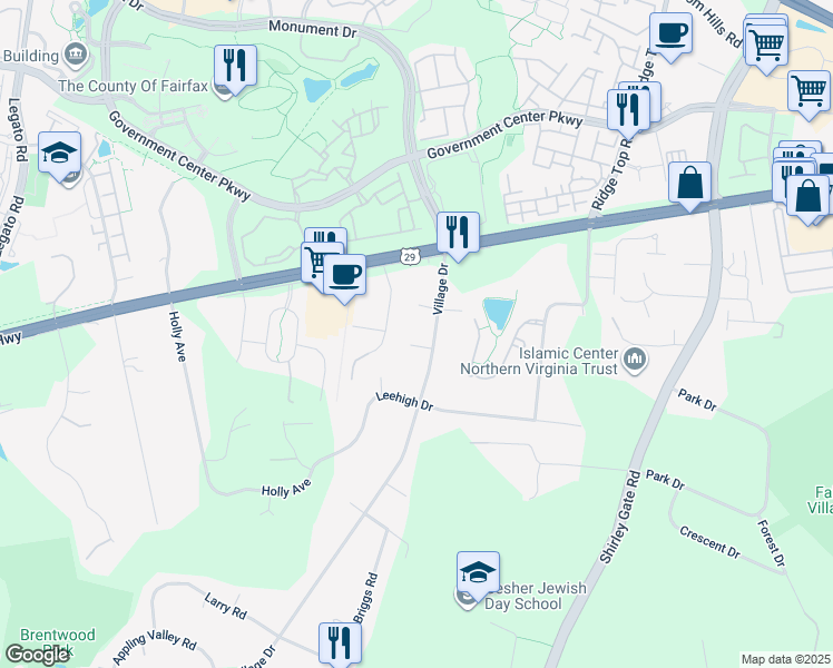 map of restaurants, bars, coffee shops, grocery stores, and more near 11632 Highland Terrace in Fairfax
